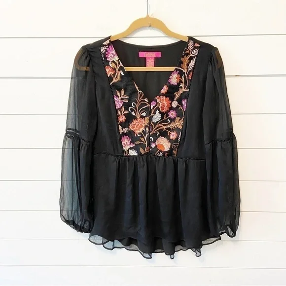 Catherine MaLandrino | Black Sheer Embroidered Bell Sleeve Blouse Size Medium - Picture 2 of 11